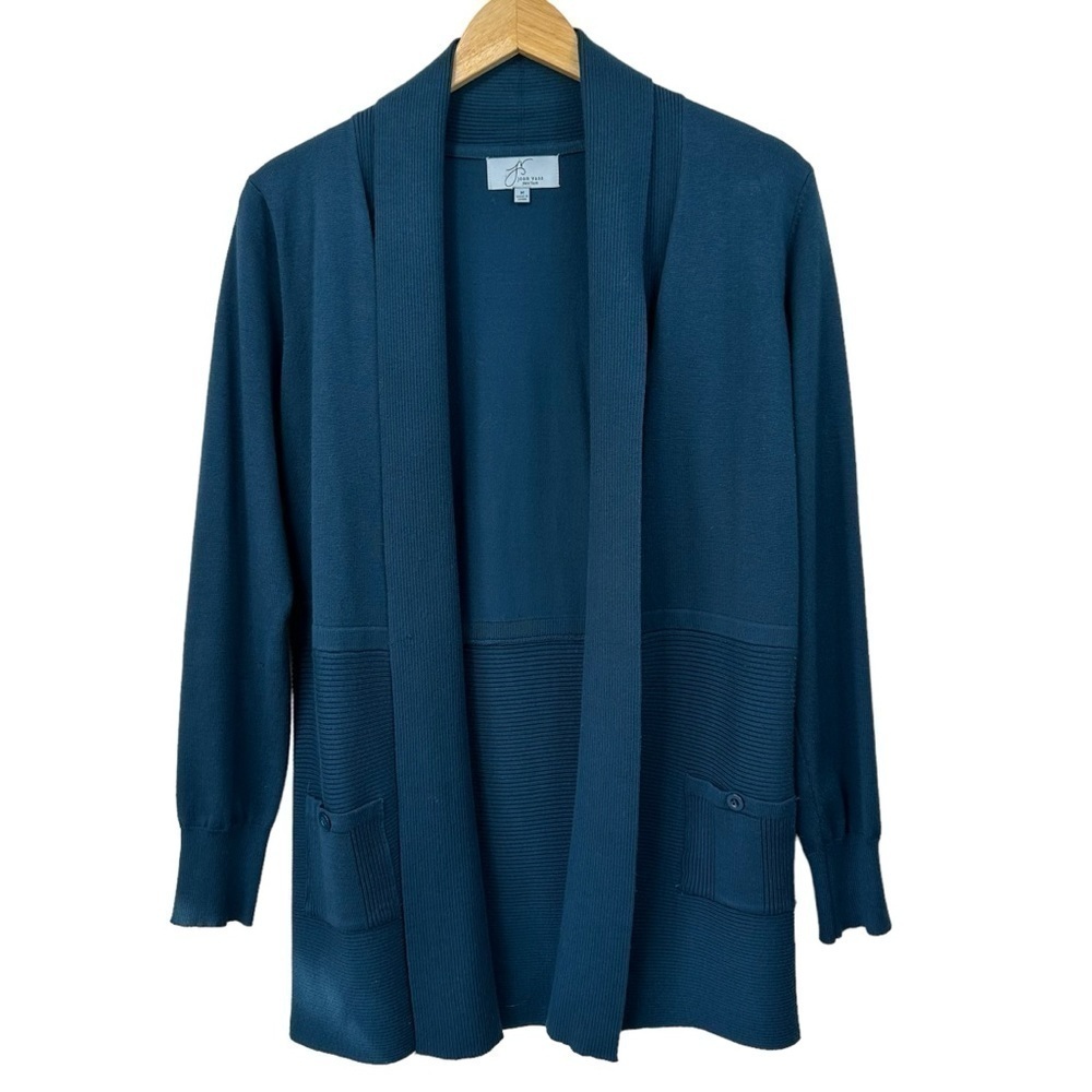 Joan Vass Teal Blue Cardigan Long Sleeve Sweater, Medium